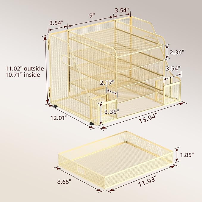 SUPEASY Mesh Desk Organizer with File Holder, 5-Tier Paper Letter Tray Organizer with Magazine Holder, Desktop Organizer and Storage with Drawer for Office Supplies Home or School, Gold