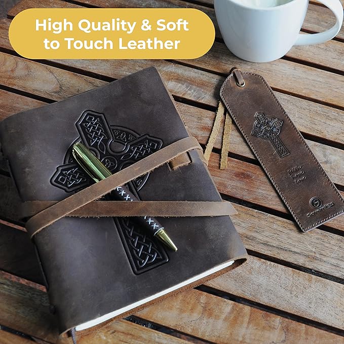 Leather Bookmark Handmade Celtic Cross Design - 2 Genuine Leather Bookmarks for Men and Women with Christian Upright High Cross and Knot Design - Perfect Book Lovers Gift for Bookworms