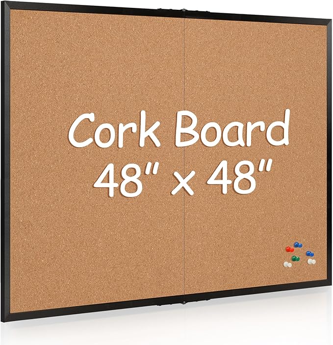 Board2by Extra Large Cork Bulletin Board 48" X 48", Foldable Notice Pin Board for Wall, Black Wood Framed 4'x4' Corkboard, Wall Mounted Noticeboard with 32 Push Pins for School, Home & Office-DeskLoop Office