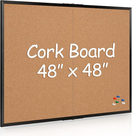 Board2by Extra Large Cork Bulletin Board 48" X 48", Foldable Notice Pin Board for Wall, Black Wood Framed 4'x4' Corkboard, Wall Mounted Noticeboard with 32 Push Pins for School, Home & Office-DeskLoop Office