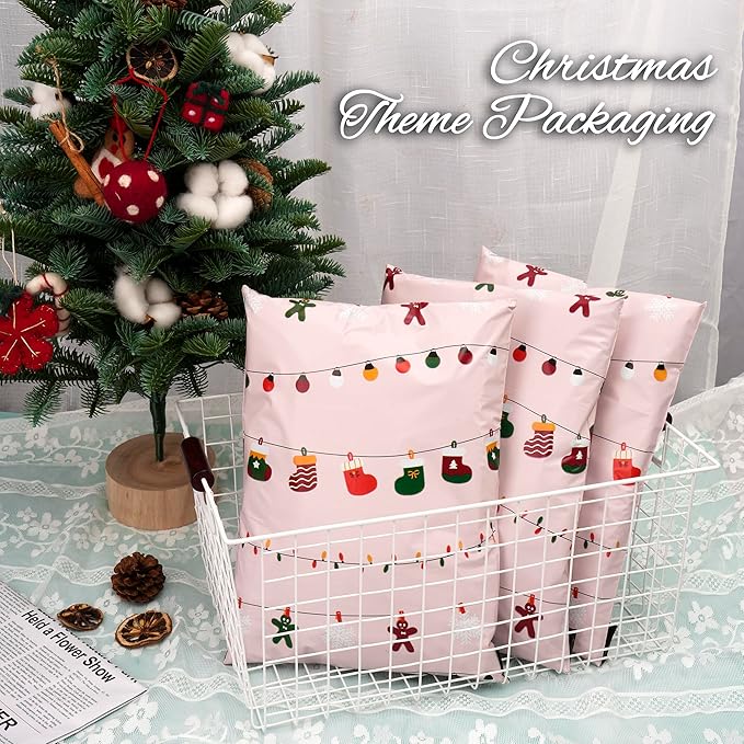 Christmas Poly Mailer 10x13 Inch 100 Pcs, Waterproof Shipping Bags with Self-Seal - Tear-Resistant, Christmas Lights Printed-DeskLoop Office