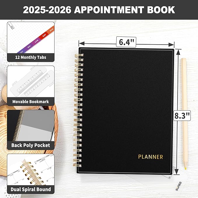 SUNEE 2025-2026 Appointment Book, Quarter-Hourly, Weekly & Monthly - from July 2025 to June 2026, 6.4"x8.3" Academic Planner, Flexible Cover, Note Pages, Bookmark, Spiral Binding, Black-DeskLoop Office