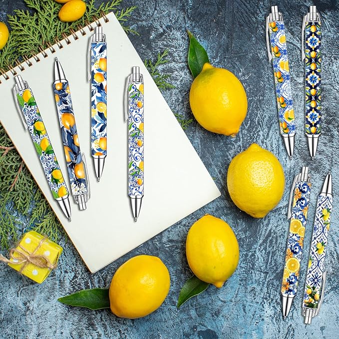 Capri Lemon Pens Set – Mediterranean-Inspired Ballpoint Pens for Girls, Students, and Stationery Lovers – Smooth Writing Pens for School, Journaling, or Gifts – Bright and Elegant Design, 8 Pack-DeskLoop Office