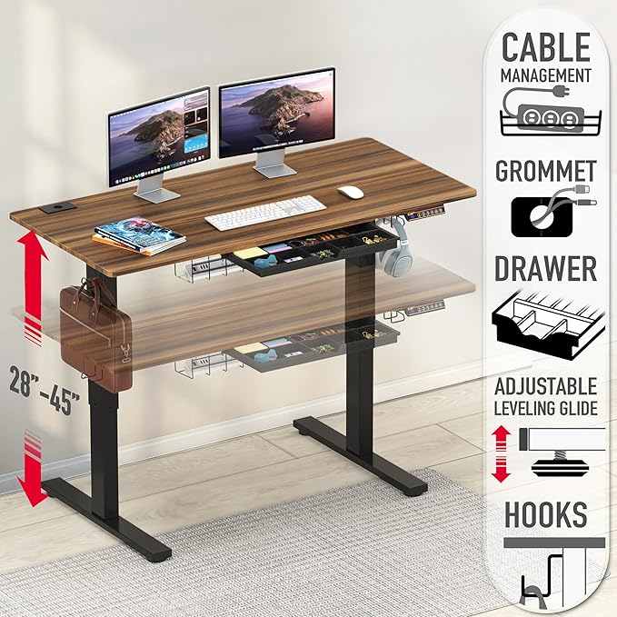 SHW 48-Inch Electric Height Adjustable Standing Desk with Drawer, Memory Preset and Cable Management Tray, Walnut-DeskLoop Office