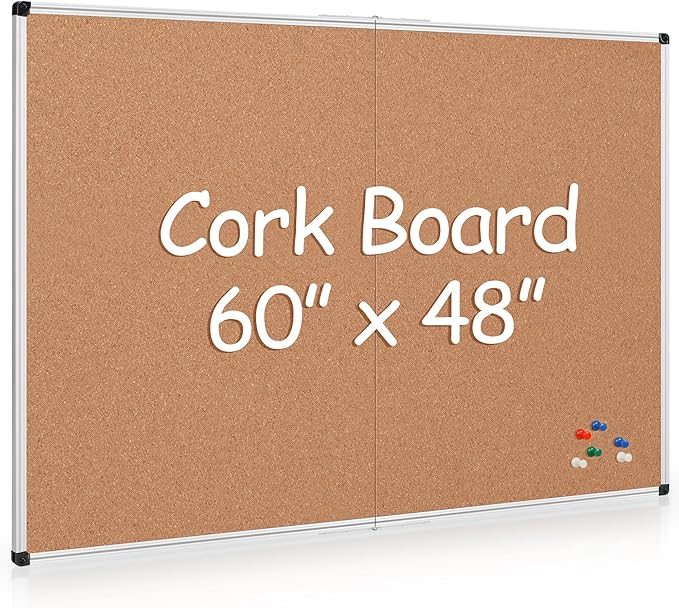 Board2by Extra Large Cork Bulletin Board 60" X 48", Foldable Notice Pin Board for Wall, Silver Aluminum Framed 5'x4' Corkboard, Wall Mounted Noticeboard with 36 Push Pins for School, Home & Office-DeskLoop Office