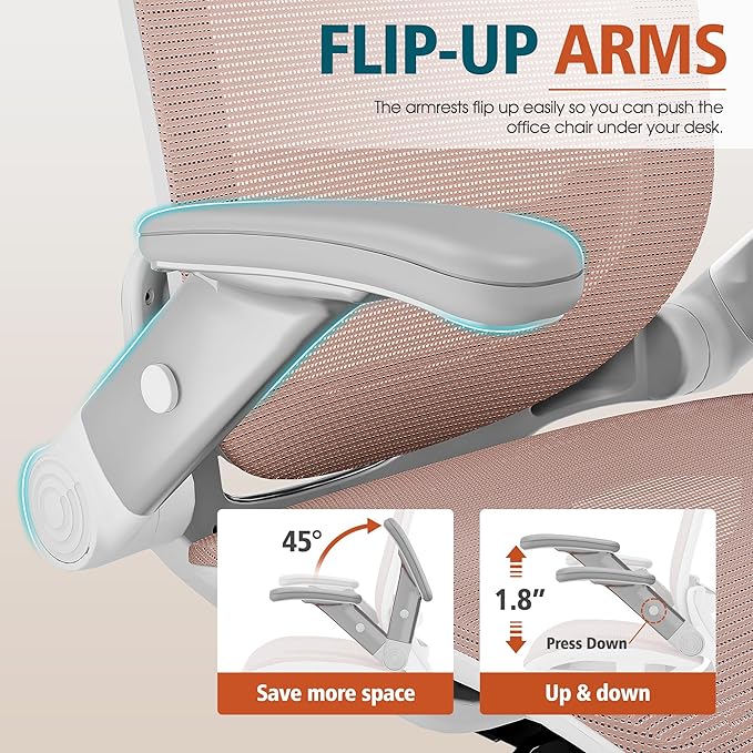 GABRYLLY Ergonomic Office Chair, High Back Home Desk Chair with Headrest, Flip-Up Arms, 90-120° Tilt Lock and Wide Cushion, 400LBS Mesh Chairs for Man Woman, White Task Chair(Pink,GY01WPK)-DeskLoop Office