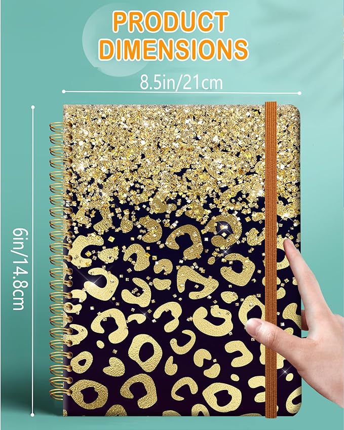 Ruled Spiral Writing Notebook,A5 Hardcover Lined College Journal for Women Lady,Fashion Puppy Watercolor Strong Twin-Wire Binding with Premium Paper,8.4" X 6",Perfect for School,Office,Home Gifts(Shiny Gold Leopard)-DeskLoop Office