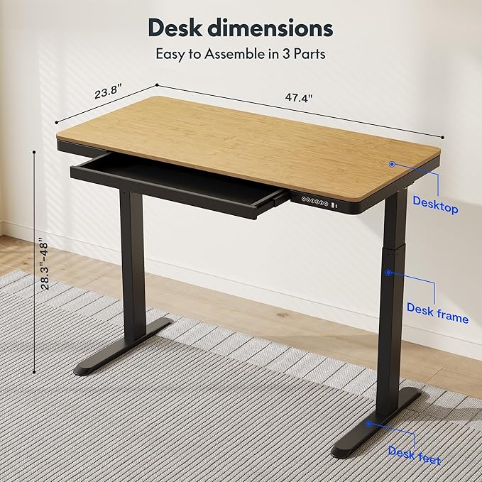 FLEXISPOT Comhar Electric Standing Desk with Drawer Desktop & Adjustable Frame w/USB Charge Ports (Bamboo Texture/Black, Wood)-DeskLoop Office