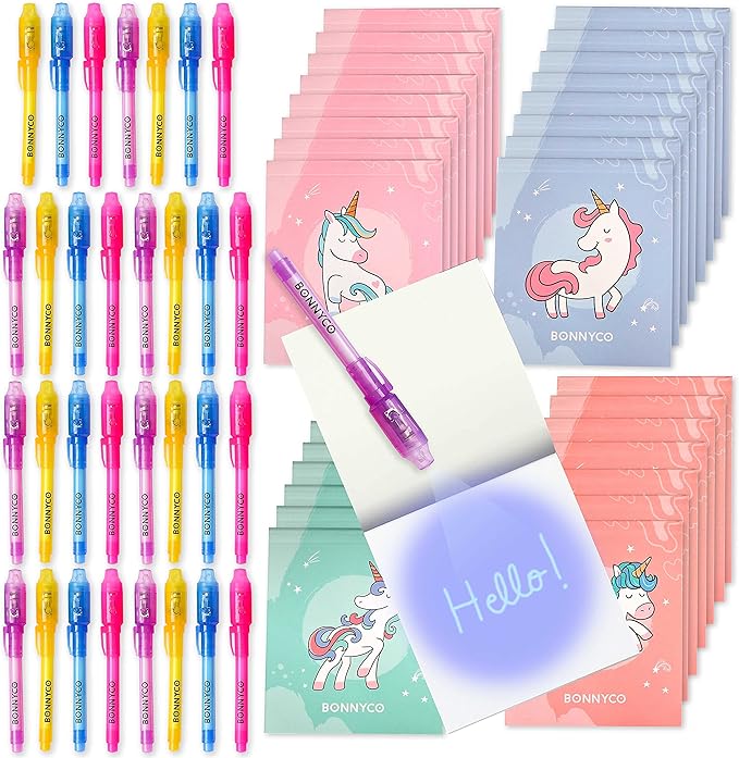 BONNYCO Invisible Ink Pen and Notebook Pack 32 Unicorn Party Favors for Kids, Magic Spy Pen Goodie Bags Stuffers for Kids, Unicorn Birthday Party Supplies, Goody Bag Stuffers | Return Gifts Prizes-DeskLoop Office