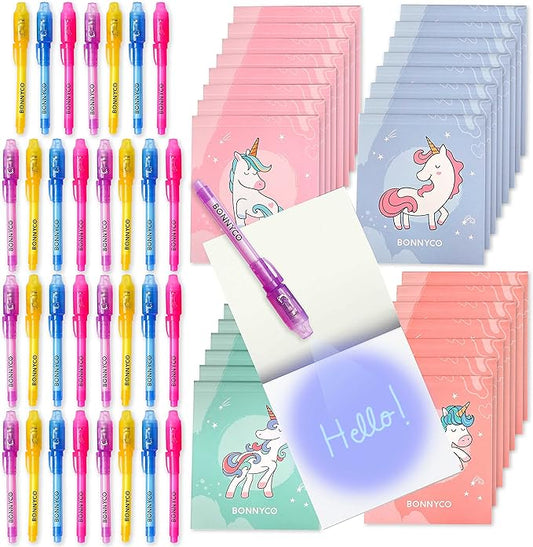 BONNYCO Invisible Ink Pen and Notebook Pack 32 Unicorn Party Favors for Kids, Magic Spy Pen Goodie Bags Stuffers for Kids, Unicorn Birthday Party Supplies, Goody Bag Stuffers | Return Gifts Prizes-DeskLoop Office