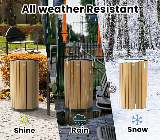 Alpine 32 Gallon Commercial Outdoor Trash Can - Heavy Duty Garbage Can Outdoor, Industrial Open Top Trash Can with Plastic Panels for Patio, Parks, Trails, Resorts (Flat Lid - Cedar)-DeskLoop Office