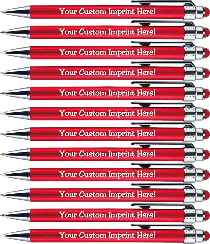 Personalized Pens with Stylus Tip -Bright Vibes- Click action - Custom - Black writing - Printed Name pens - Imprinted with Your Logo or Message - FREE PERSONALIZATION - 12 Pens/Box (Red)-DeskLoop Office