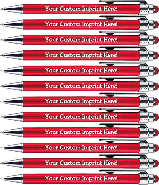 Personalized Pens with Stylus Tip -Bright Vibes- Click action - Custom - Black writing - Printed Name pens - Imprinted with Your Logo or Message - FREE PERSONALIZATION - 12 Pens/Box (Red)-DeskLoop Office