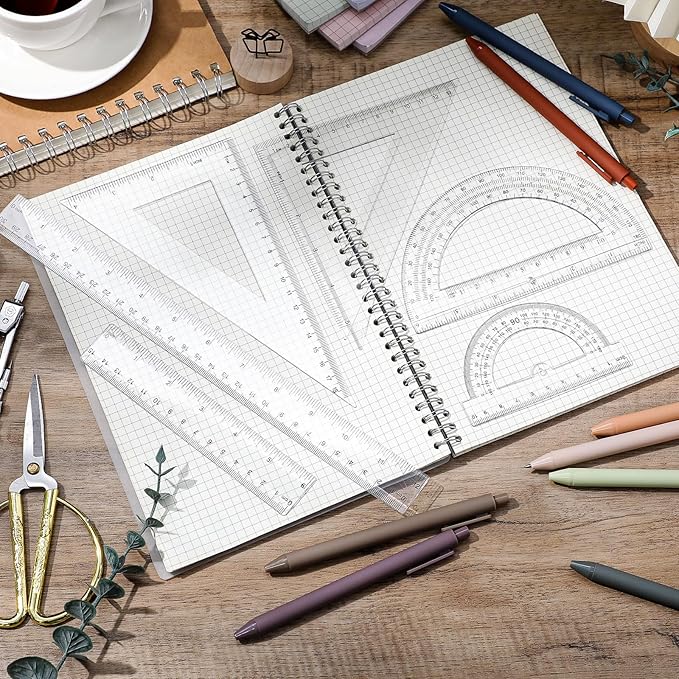 Tenare 6 Pcs Plastic Ruler Math Set Includes 12 Inch 6 Inch Straight Protractor Triangle Geometry Transparent Math Ruler Measuring Tools for School Office Home(Clear)-DeskLoop Office