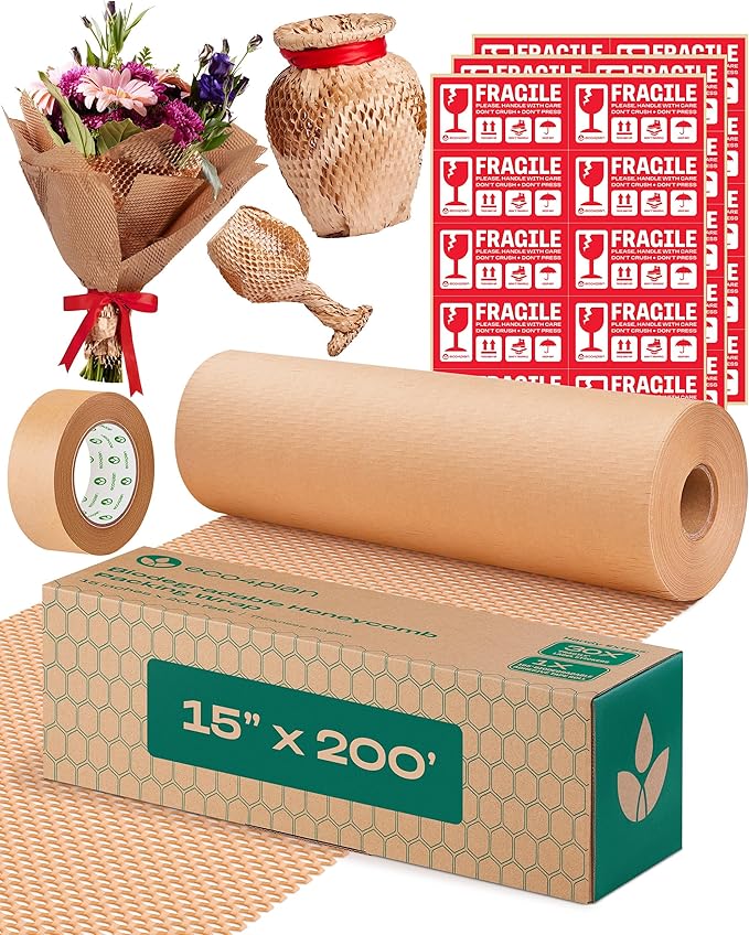 Honeycomb Packing Paper | Extra Thick 90 GSM Packing Wrap | Biodegradable Packing Materials: 15” x 200’ Moving Paper + 195’ Cellulose Adhesive Tape + 30 Fragile Stickers | Paper Bubble Wrap-DeskLoop Office