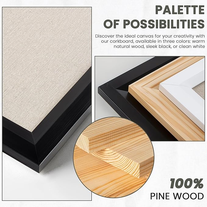 Bulletin Board Cork Board with Linen, 100% Wood Framed 18" x 24" Bulletin Board Decorations, Pin Boards for Walls, Wall Mounted Fabric Picture Board with 10 Pushpins for School, Home & Office, Black-DeskLoop Office
