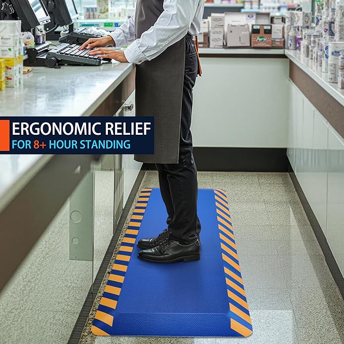 FEATOL Anti Fatigue Mats Industrial 2 Packs, Ergonomic Standing Floor Mat for Work for Stand, Blue with Yellow Border Safety 20" x 59"-Support for Leg & Back Pain-DeskLoop Office