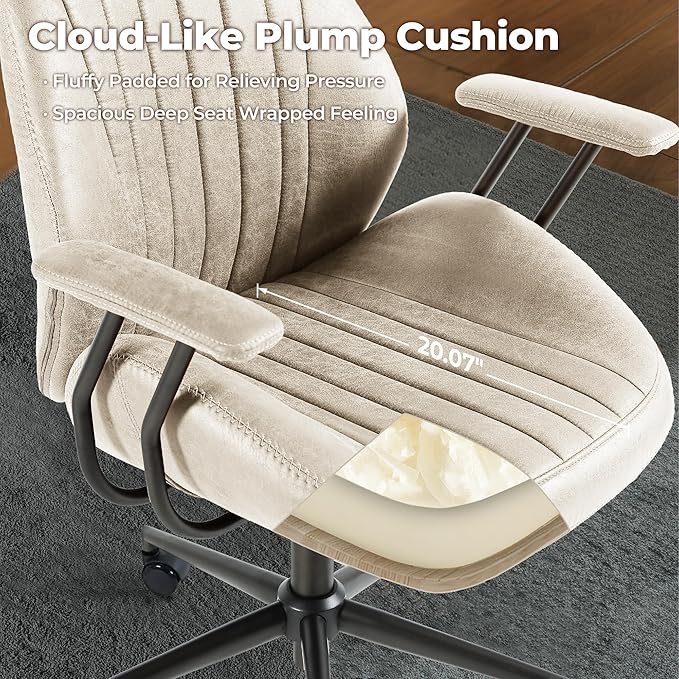ovios Ergonomic Home Office Chair, Mid-Century Modern Faux Leather Chairs with Padded Armrests, Comfy High Back Swivel Rolling Executive Computer Armchair (Beige, Suede Leather)-DeskLoop Office