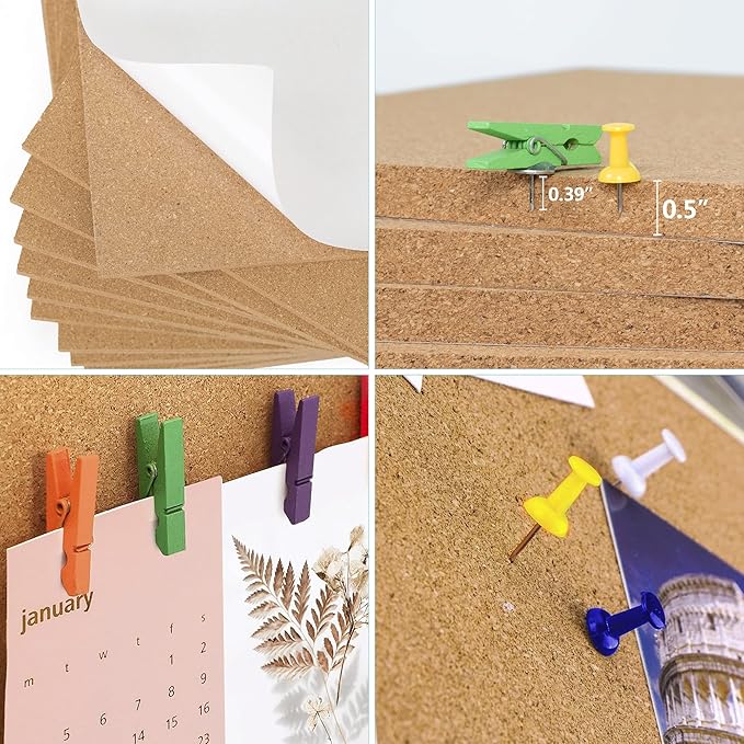 AKTOP Cork Board Bulletin Board 12x12, 1/2" Thick Cork Board Tiles 12 Pack, Small Square Pin Board for Wall, Self Adhesive Corkboards with 120 Push Pin Wood Clips for School, Home & Office-DeskLoop Office