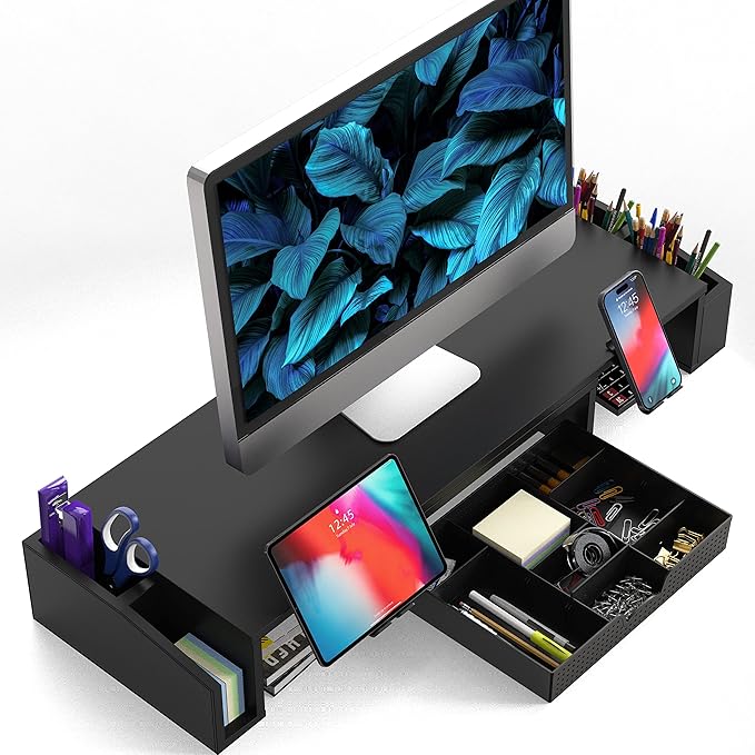 Simple Houseware Desk Dual Monitor Stand Riser with Drawer, Black-DeskLoop Office