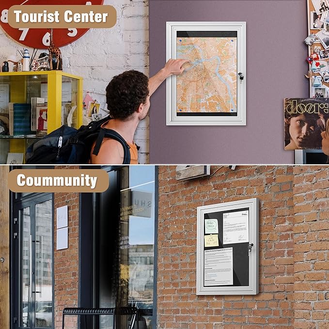 26"x20" Enclosed Bulletin Board, Outdoor Lockable Weather-Resistant Aluminum Cork Noticeboard for School & Office, Silver Frame w/Black Flet-DeskLoop Office