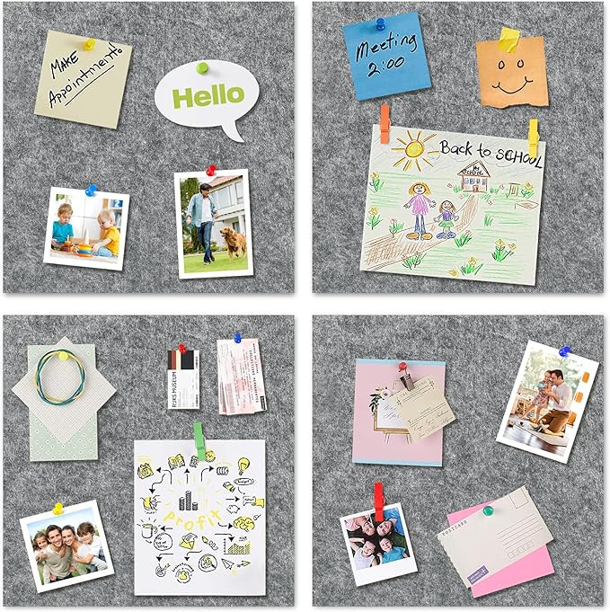 AKTOP Cork Bulletin Board 12x12, 1/2" Thick Felt Cork Board Tiles 6 Pack, Small Square Pin Board for Wall, Self Adhesive Corkboards with 60 Push Pin Wood Clips for School, Home & Office, Grey-DeskLoop Office