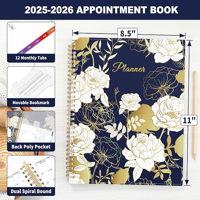 SUNEE 2025-2026 Appointment Book, Quarter-Hourly, Weekly & Monthly - from July 2025 to June 2026, 8.5"x11" Academic Planner, Flexible Cover, Note Pages, Bookmark, Spiral Binding, Vintage-DeskLoop Office