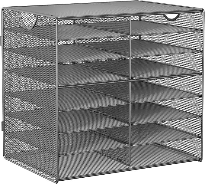 EasyPAG 14-Slot Mesh Desk File Organizer with Handle, Metal Frame Paper Tray for Classroom/Office/Home - Easy Assembly, Durable Tiered Sorter & A4/Letter Size, Silver-DeskLoop Office