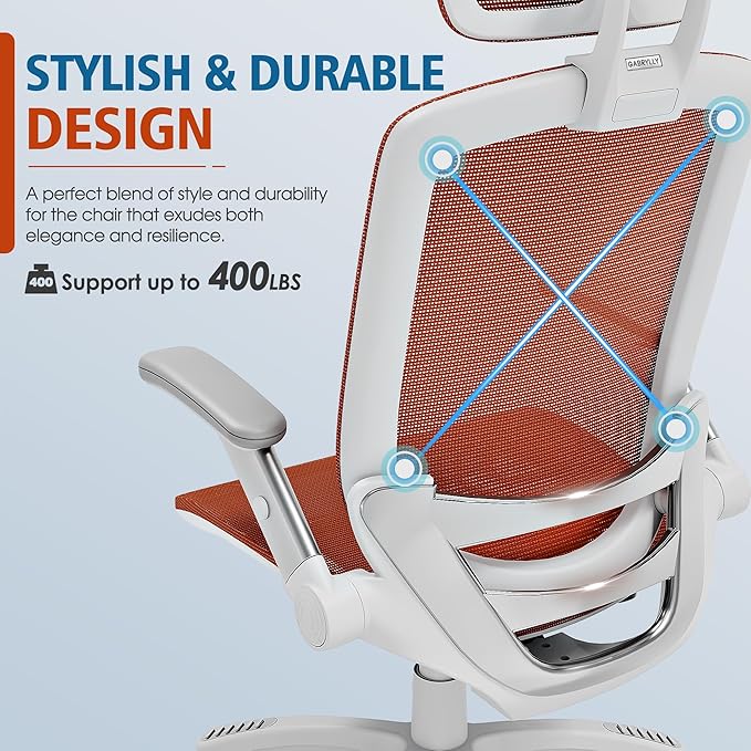 GABRYLLY Ergonomic Office Chair, High Back Home Desk Chair with Headrest, Flip-Up Arms, 90-120° Tilt Lock and Wide Cushion, 400LBS Mesh Chairs for Man Woman, White Task Chair(Orange,GY01WOR)-DeskLoop Office