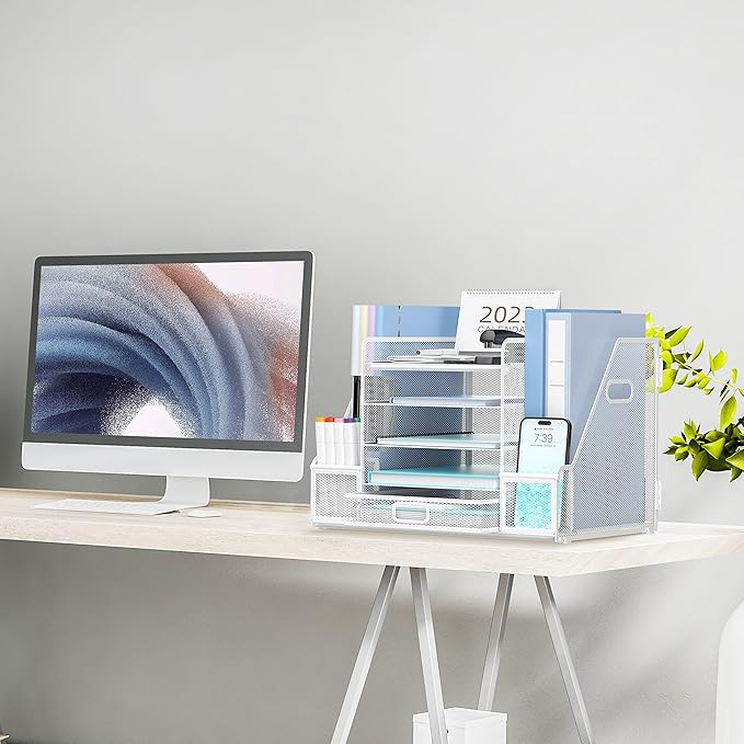 SUPEASY Mesh Desk Organizer with File Holder, 5-Tier Paper Letter Tray Organizer with Magazine Holder, Desktop Organizer and Storage with Drawer for Office Supplies Home or School, White-DeskLoop Office