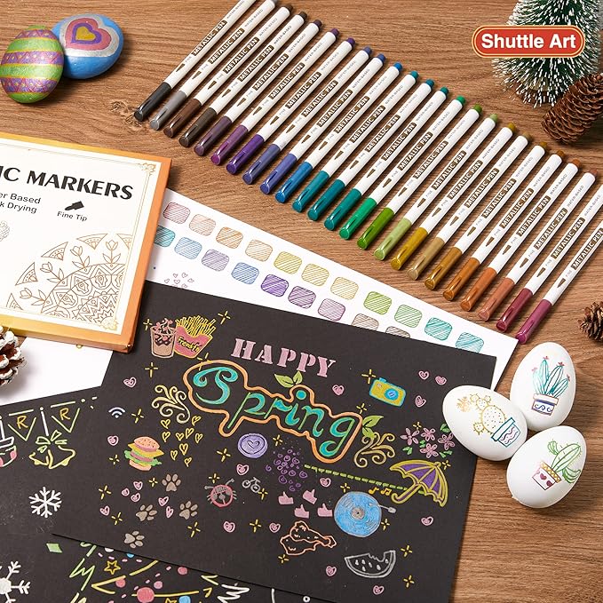 Shuttle Art Metallic Marker Pens, 24 Colors Metallic Paint Markers Fine Point for DIY Card, Calligraphy, Art and Crafting Projects, Works Great on Black Paper, Scrapbooks, Fabric, Rock.-DeskLoop Office