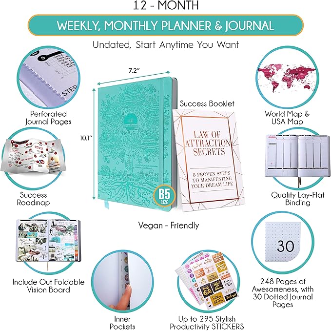 Hourly Planner – Undated Weekly & Monthly Goal Setting Planner, 12-Month to Increase Productivity | Life & Gratitude Journal, Include Foldable Vision Board, Gift Box & Stickers-DeskLoop Office