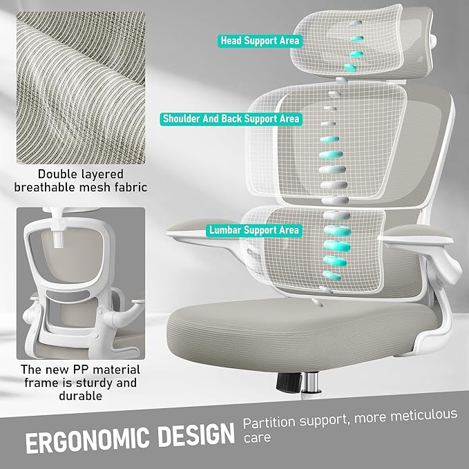 High Back Ergonomic Office Chair, Breathable Mesh Desk Chair with Lumbar Support, Adjustable Headrest, Flip-up Armrests, Computer Gaming Chair-DeskLoop Office