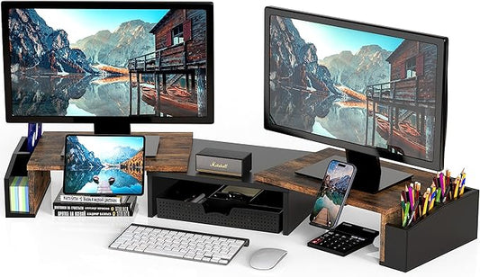Simple Houseware Desk Dual Monitor Stand Riser with Drawer, Rustic Brown-DeskLoop Office