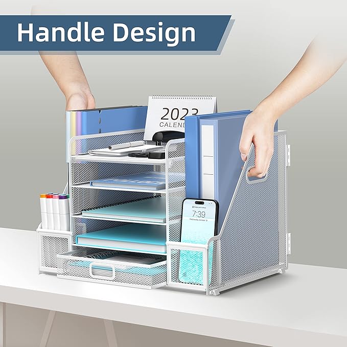 SUPEASY Mesh Desk Organizer with File Holder, 5-Tier Paper Letter Tray Organizer with Magazine Holder, Desktop Organizer and Storage with Drawer for Office Supplies Home or School, White-DeskLoop Office