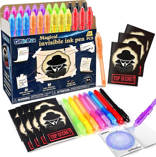 GIFTINBOX Invisible Ink Pens with UV light for Kids, Spy Pen Party Favors for Kids 8-12, 24Pack Invisible Ink Pen and Notebook, Magic Marker for Secret Message Birthday Party Favors for Kid 4-8-DeskLoop Office