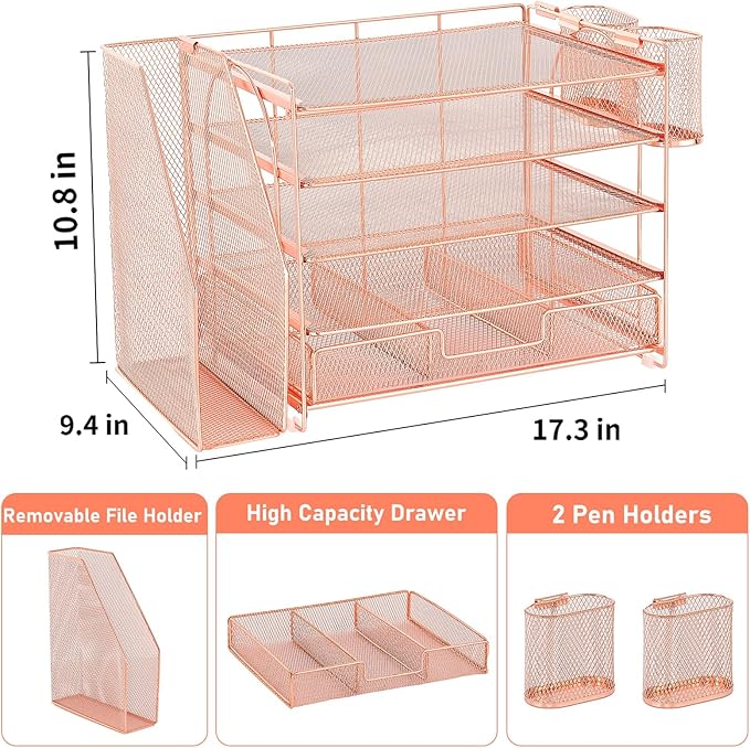 Desk Organizers and Accessories, 5-Tier Paper File Organizer with Drawer & Pen Holder, Office Desk Accessories Workspace Desktop Organizer for Office Supplies (Rose Gold)-DeskLoop Office