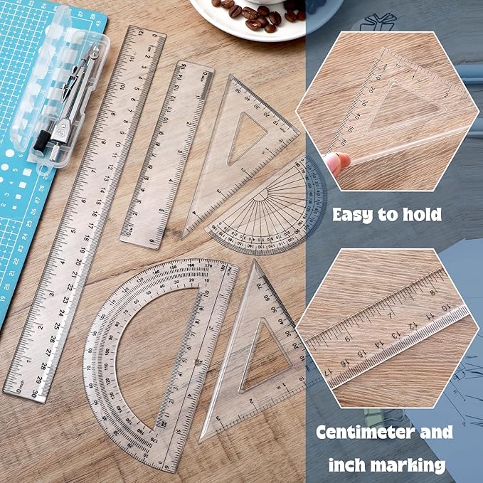 Zonon 1 Set Plastic Geometry Math Set Includes Drawing Compass, 6 and 4 Inch Protractor, 45/60 Degree Triangle Rulers 12 and 6 Inch Math Ruler Transparent for Office Supplies(Clear)-DeskLoop Office