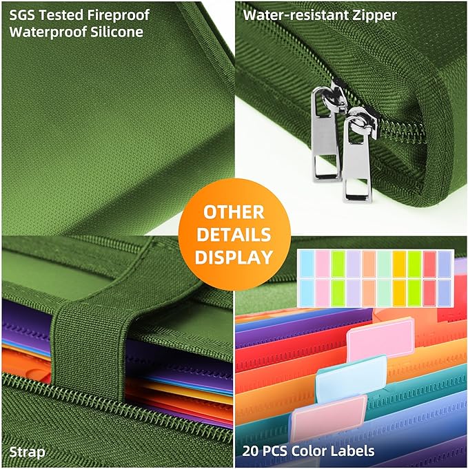 JUNDUN Accordion File Organizer - 12 Pocket Expanding File Folder with Zipper & Labels - Fireproof File Folder Organizer with Multi-Pockets,Document Organizer for Letter A4 Files and More (Green)-DeskLoop Office