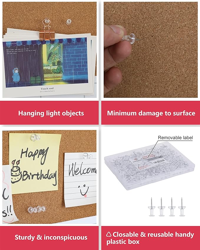 PAPERPAL 280 Clear Push Pins for Cork Board, Clear Thumb Tacks for Wall Hangings, Pushpins for Office School & Personal Use, Standard Size Push Pin Tacks-DeskLoop Office