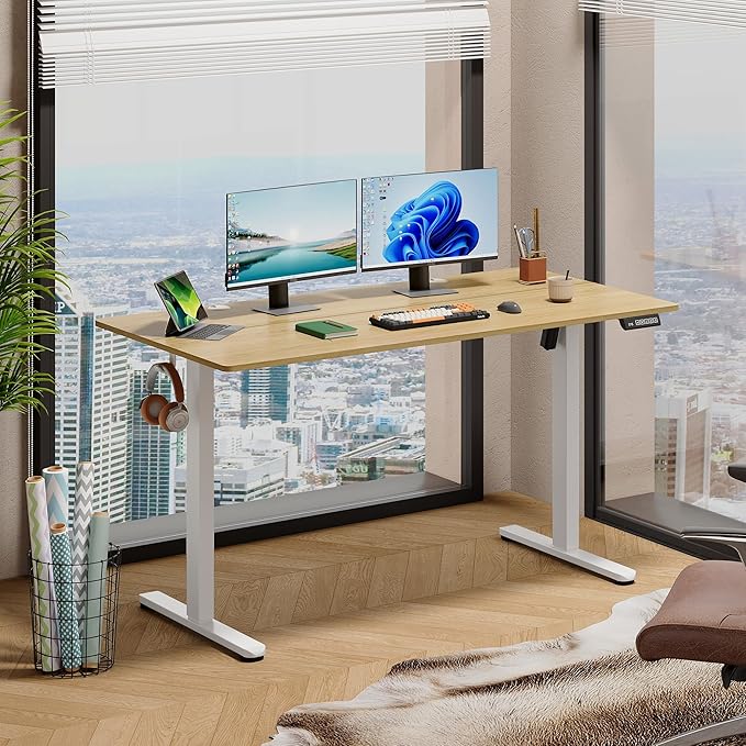 DEVAISE 55 Inch Electric Standing Desk, 3 Adjustable Height Stand up Desk for Home Office, Ergonomic Sit to Stand Desk with LED Touchscreen, Headphone Hook, 3 Memory Preset Computer Desk (Maple)-DeskLoop Office