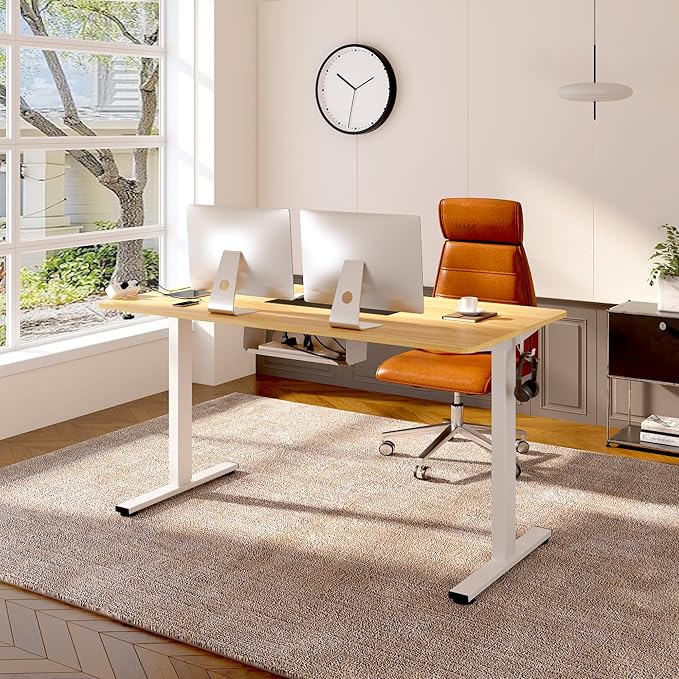 FLEXISPOT EN2 Whole-Piece Standing Desk with Clamp Power Strip, 48 x 30 Electric Stand Up Height Adjustable Desk with Cable Management (White Frame + 48" Maple Top, 2 Packages)-DeskLoop Office