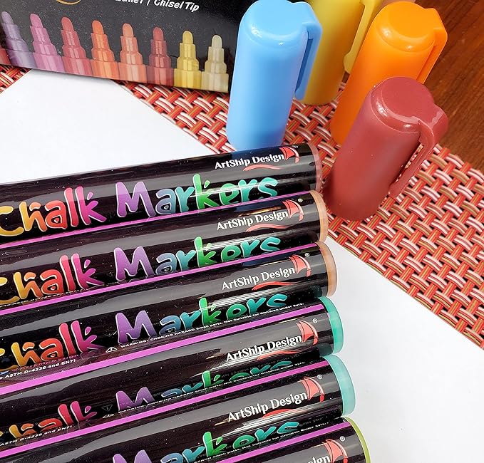 ArtShip Design 14 Vintage Colors Chalk Markers - Reversible Medium Tip Liquid Chalk Pens Wet Erasable - Menu Boards, Glass, Windows, Whiteboards, Classrooms, Mirrors, Chalkboards, Plastic, Metal-DeskLoop Office
