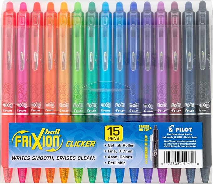 Pilot FriXion Erasable Gel Pens, Fine Point 0.7 mm Erasable Pens, Pack of 15 Assorted Colors-DeskLoop Office