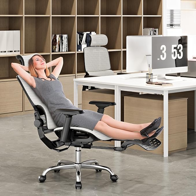 Ergonomic Office Chair, High Back Desk Chairs with Retractable Footrest, Breathable Mesh, Adjustable Headrest, 3D Armrests, Lumbar Support, Tilt Function, Comfy Swivel Computer Gaming Chair-DeskLoop Office