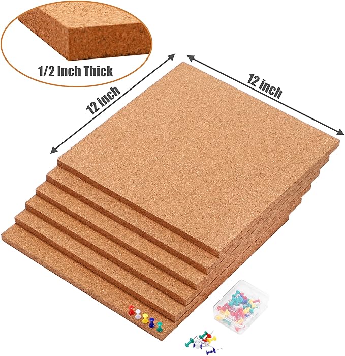 SUNGIFT Cork Boards for Walls - 12" x 12" Corkboard Squares, 1/2" Thick Cork Board Tiles, 6 Pack Wall Bulletin Board with 50 Push Pins for Office, Home Decor-DeskLoop Office