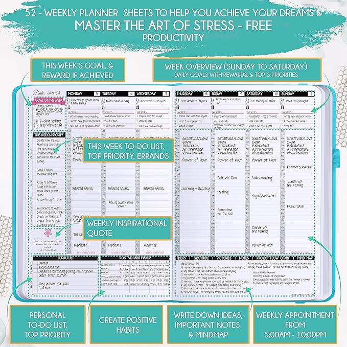 Hourly Planner – Undated Weekly & Monthly Goal Setting Planner, 12-Month to Increase Productivity | Life & Gratitude Journal, Include Foldable Vision Board, Gift Box & Stickers-DeskLoop Office