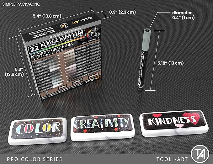 Acrylic Paint Pens 22 Gray Tones Assorted Pro Color Series Markers Set 0.7mm Extra Fine Tip for Rock Painting, Glass, Mugs, Wood, Metal, Canvas, Projects, Non Toxic, Waterbased, Quick Drying-DeskLoop Office