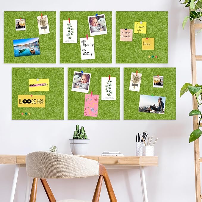 AKTOP Cork Bulletin Board 12x12, 1/2" Thick Felt Cork Board Tiles 6 Pack, Small Square Pin Board for Wall, Self Adhesive Corkboards with 60 Push Pin Wood Clips for School, Home & Office, Green-DeskLoop Office