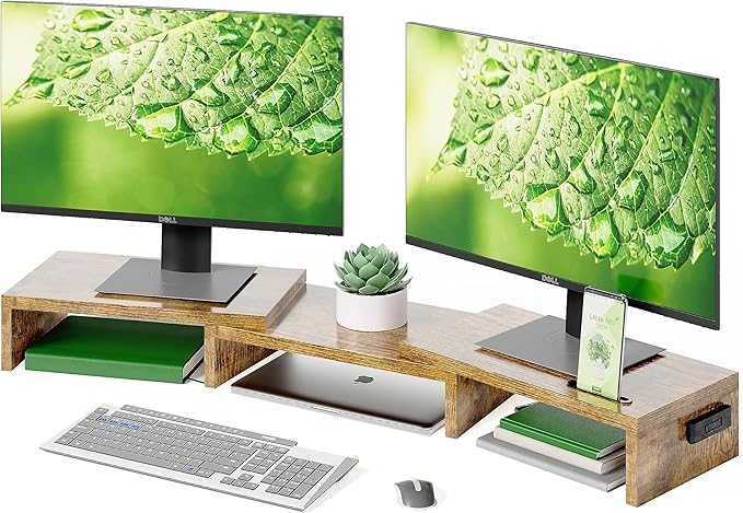 BONTEC Dual Monitor Stand Riser with Smartphone Holder, Adjustable Length & Swivel Angle, Ergonomic Wooden Desktop Organizer for PC Monitor, Laptop, Printer, Large Storage, Rustic Brown-DeskLoop Office